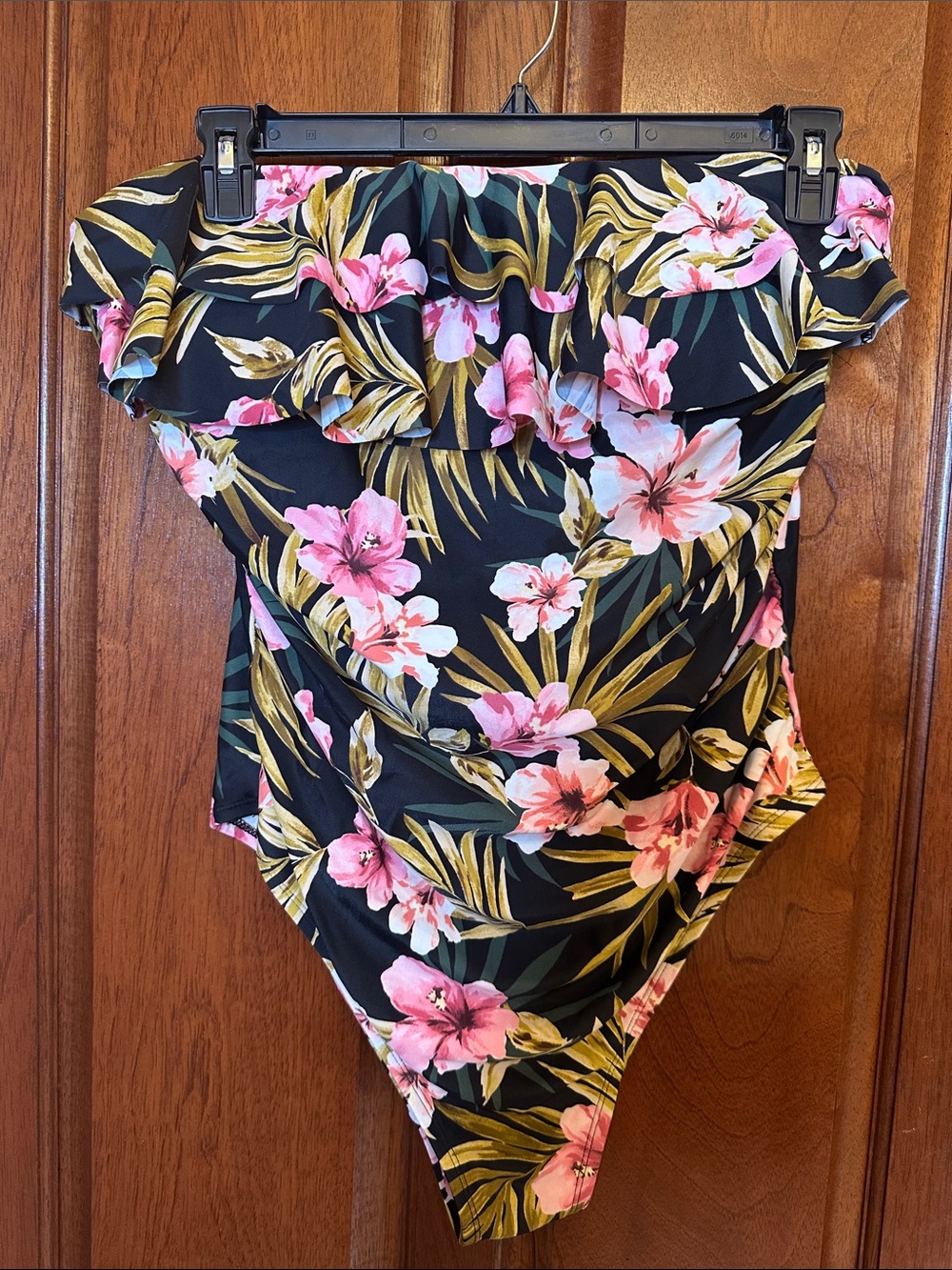 Floral strapless Ruffle One-Piece Swimsuit - Black with Pink & Green